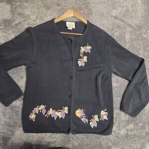Vintage Novelty Cardigan Sweater Wine Grapes Grapevine Black Size Large